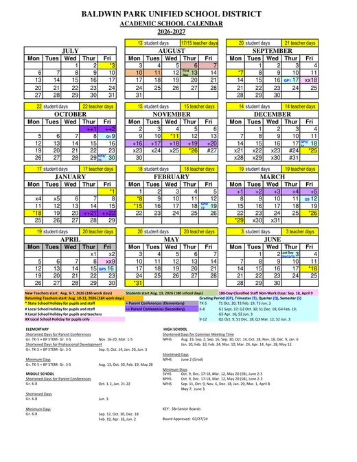 Baldwin Park Unified School District 2026–2027 Academic Calendar Page 2