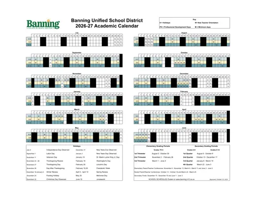 Banning Unified School District 2026–2027 Academic Calendar