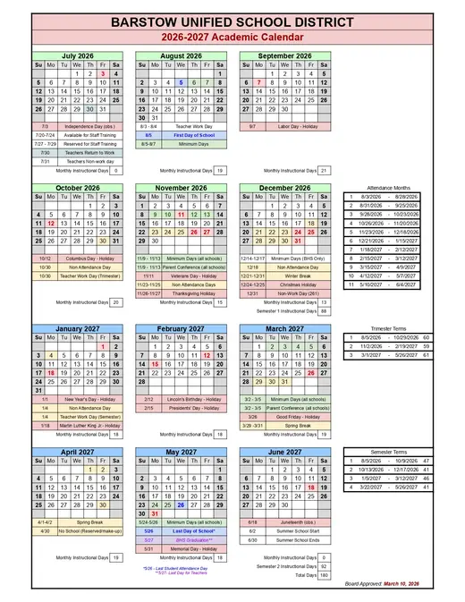 Barstow Unified School District 2026–2027 Academic Calendar