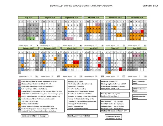Bear Valley Unified School District 2026–2027 Academic Calendar