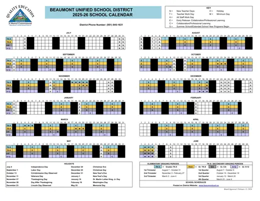 Beaumont Unified School District 2025–2026 Academic Calendar