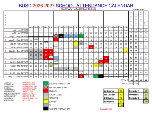 Bellflower Unified School District 2026–2027 Academic Calendar