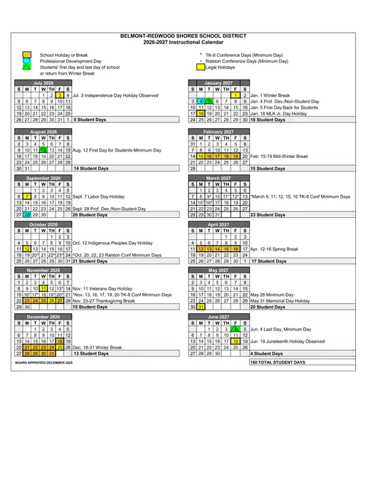 Belmont-Redwood Shores School District BRSSD 2026–2027 Academic Calendar