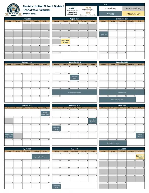 Benicia Unified School District BUSD 2026–2027 Academic Calendar Page 1