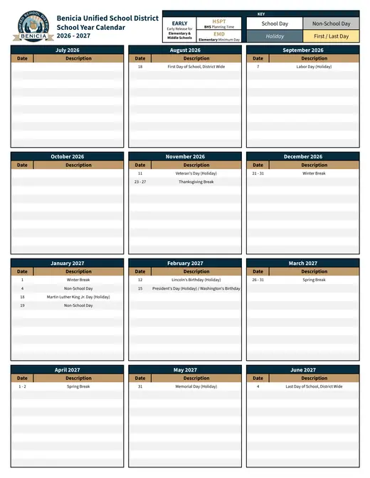 Benicia Unified School District BUSD 2026–2027 Academic Calendar Page 2