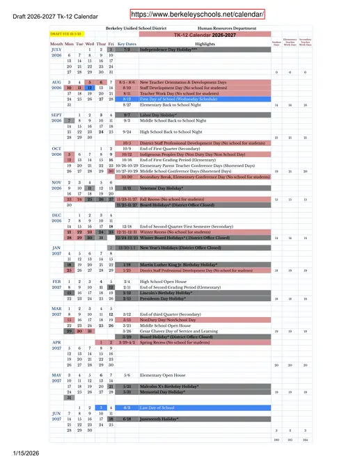 Berkeley Unified School District 2026–2027 Academic Calendar
