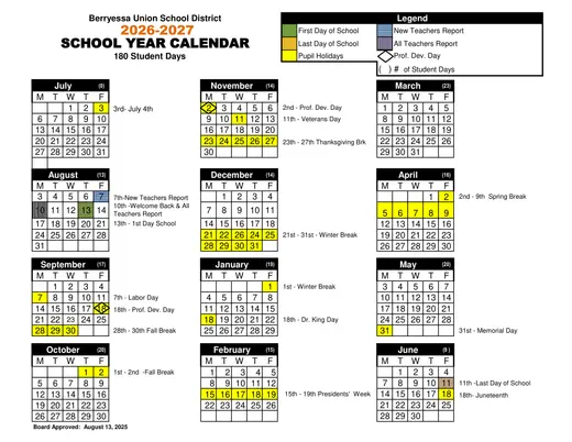 Berryessa Union School District 2026–2027 Academic Calendar