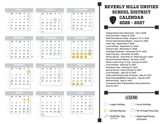 Beverly Hills Unified School District 2026–2027 Academic Calendar