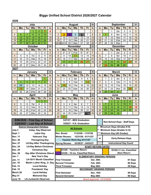 Biggs Unified School District BUSD 2026–2027 Academic Calendar