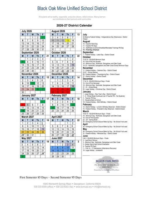 Black Oak Mine Unified School District 2026–2027 Academic Calendar