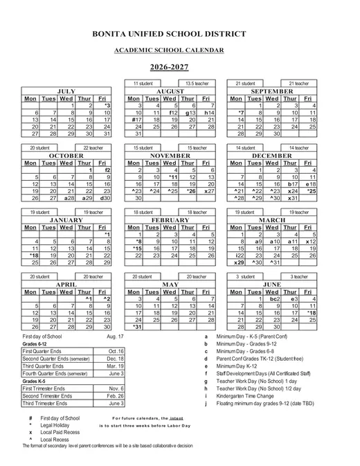Bonita Unified School District 2026–2027 Academic Calendar