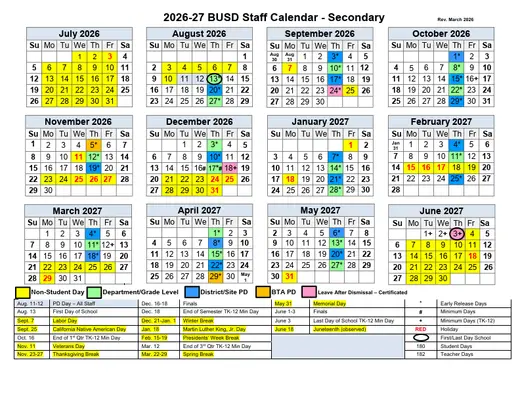 Bonsall Unified School District 2026–2027 Academic Calendar Page 1