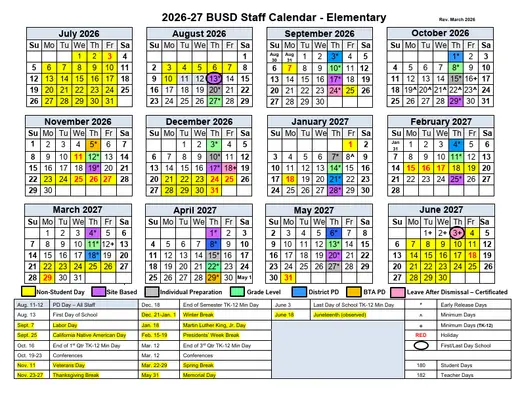 Bonsall Unified School District 2026–2027 Academic Calendar Page 2