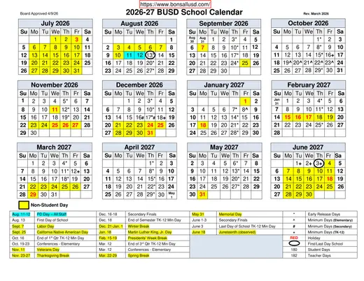 Bonsall Unified School District 2026–2027 Academic Calendar Page 3