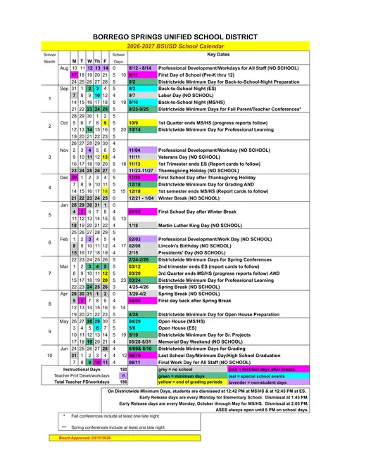 Borrego Springs Unified School District 2026–2027 Academic Calendar