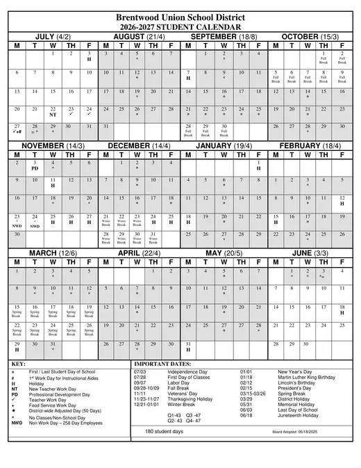Brentwood Union School District 2026–2027 Academic Calendar Page 1
