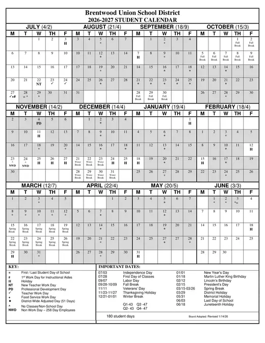 Brentwood Union School District 2026–2027 Academic Calendar Page 2