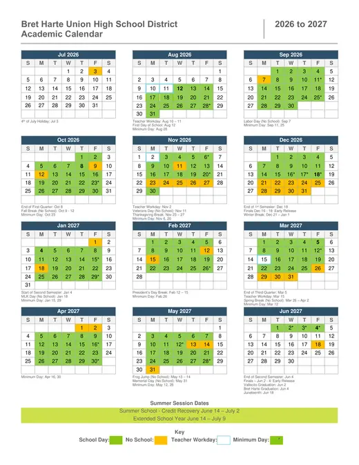 Bret Harte Union High School District 2026–2027 Academic Calendar