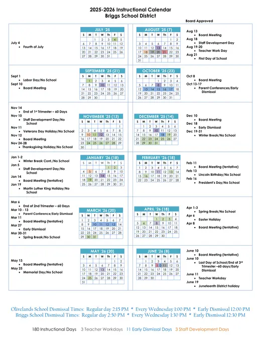 Briggs School District 2025–2026 Academic Calendar