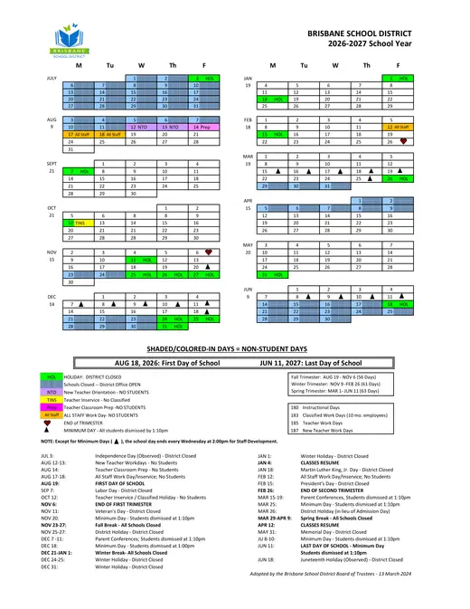 Brisbane School District 2026–2027 Academic Calendar