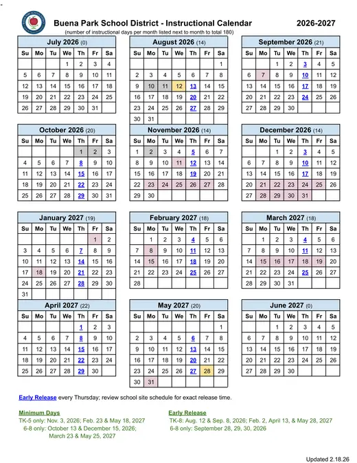 Buena Park School District 2026–2027 Academic Calendar Page 1