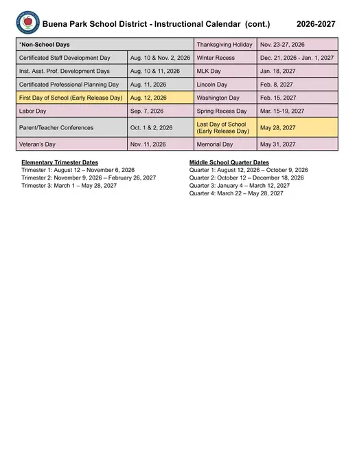Buena Park School District 2026–2027 Academic Calendar Page 2