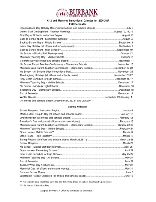 Burbank Unified School District 2026–2027 Academic Calendar Page 1