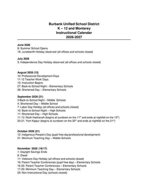 Burbank Unified School District 2026–2027 Academic Calendar Page 2