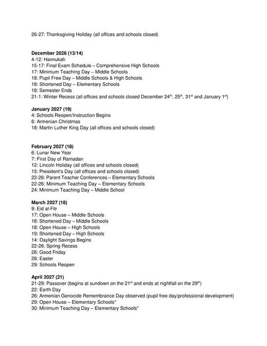 Burbank Unified School District 2026–2027 Academic Calendar Page 3