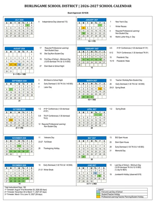 Burlingame School District BSD 2026–2027 Academic Calendar