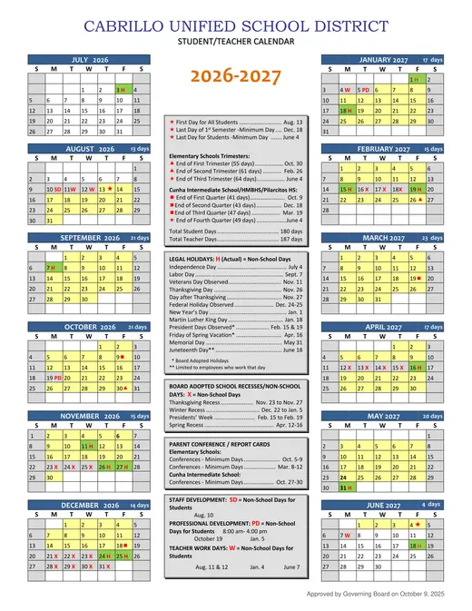 Cabrillo Unified School District CUSD 2026–2027 Academic Calendar