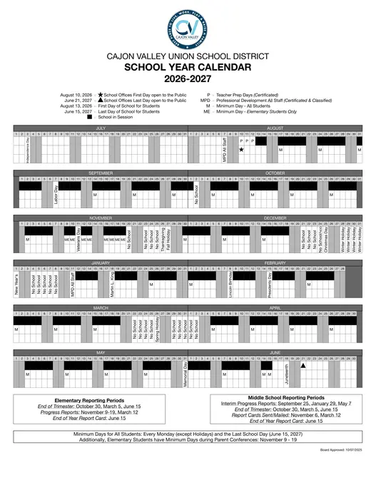 Cajon Valley Union School District 2026–2027 Academic Calendar