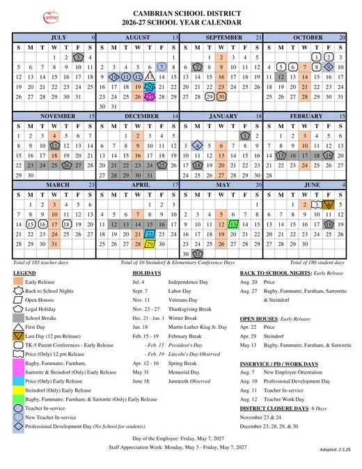 Cambrian School District 2026–2027 Academic Calendar