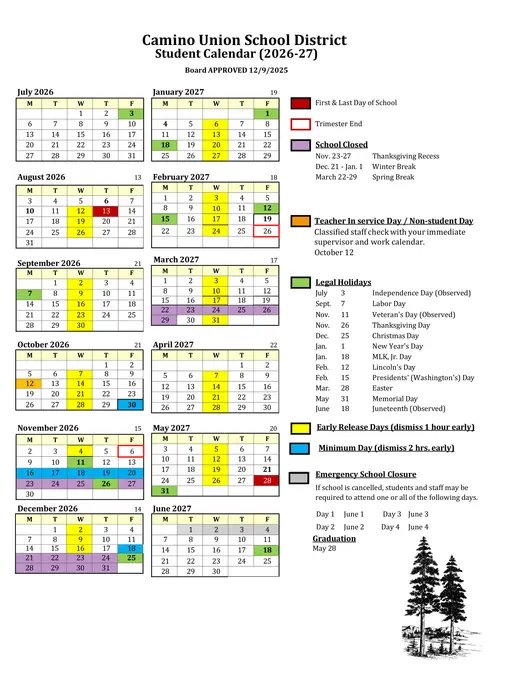 Camino Union School District 2026–2027 Academic Calendar