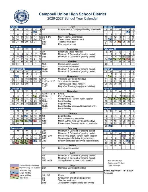Campbell Union High School District 2026–2027 Academic Calendar