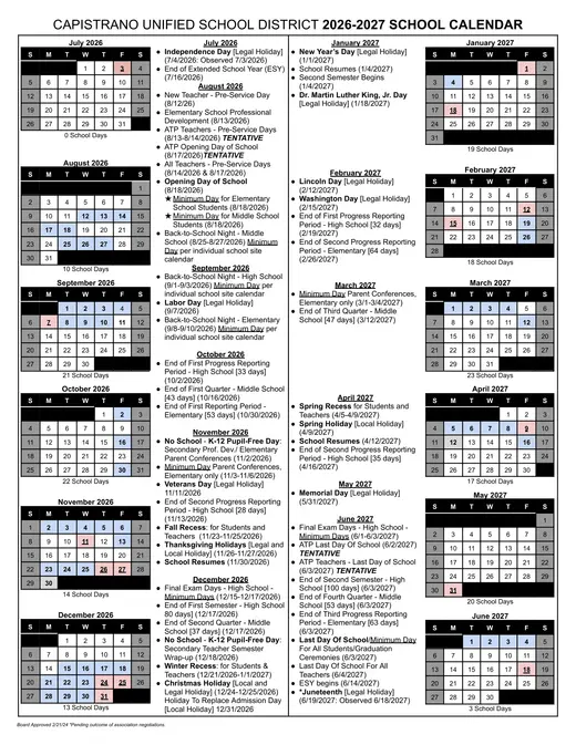 Capistrano Unified School District 2026–2027 Academic Calendar