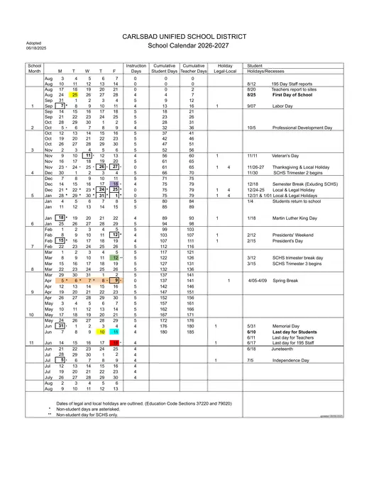 Carlsbad Unified School District 2026–2027 Academic Calendar