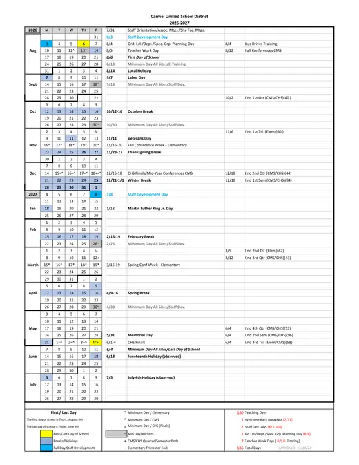 Carmel Unified School District CUSD 2026–2027 Academic Calendar