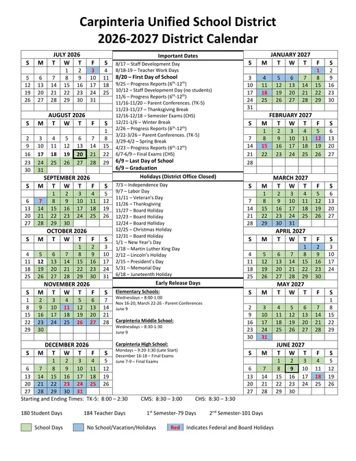 Carpinteria Unified School District CUSD 2026–2027 Academic Calendar
