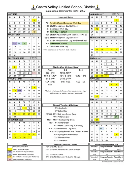 Castro Valley Unified School District 2026–2027 Academic Calendar