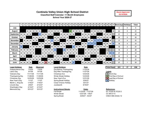 Centinela Valley Union High School District 2026–2027 Academic Calendar Page 1