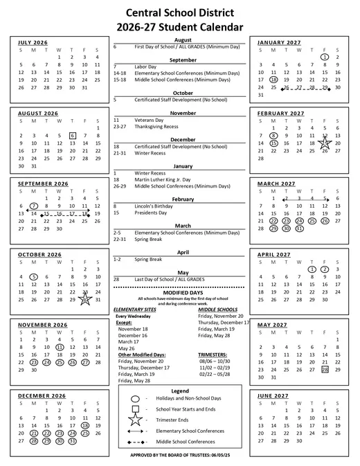 Central School District 2026–2027 Academic Calendar