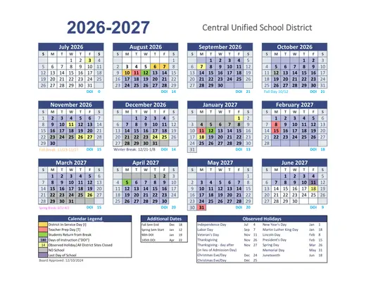 Central Unified School District 2026–2027 Academic Calendar
