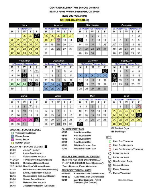 Centralia Elementary School District 2026–2027 Academic Calendar