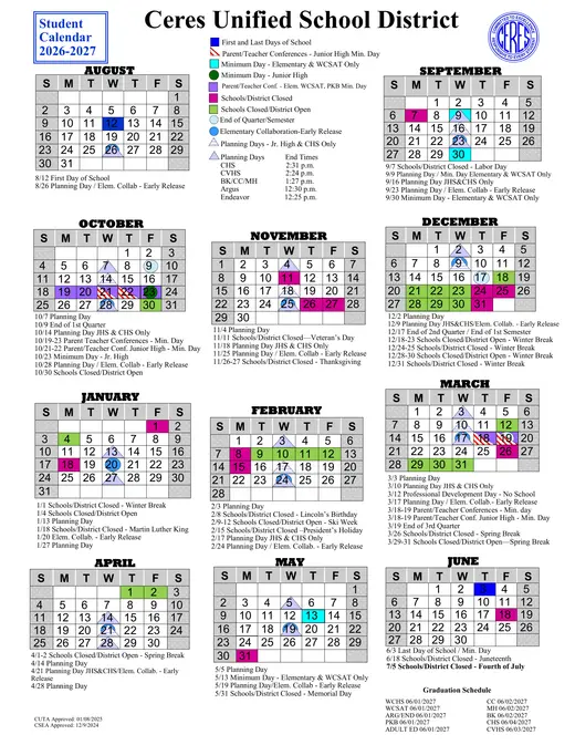 Ceres Unified School District CUSD 2026–2027 Academic Calendar