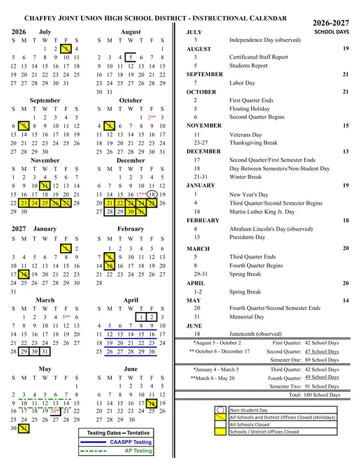 Chaffey Joint Union High School District 2026–2027 Academic Calendar