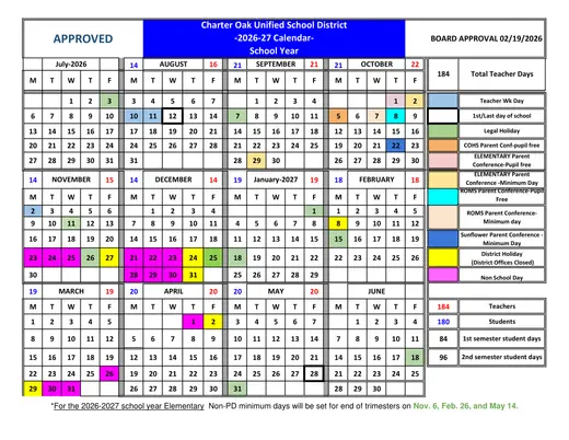 Charter Oak Unified School District COUSD 2026–2027 Academic Calendar Page 1