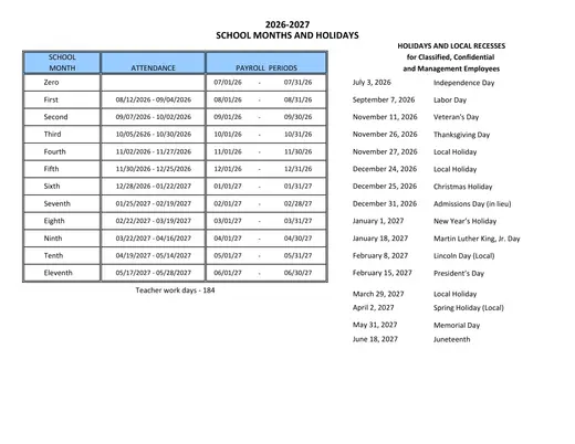 Charter Oak Unified School District COUSD 2026–2027 Academic Calendar Page 2