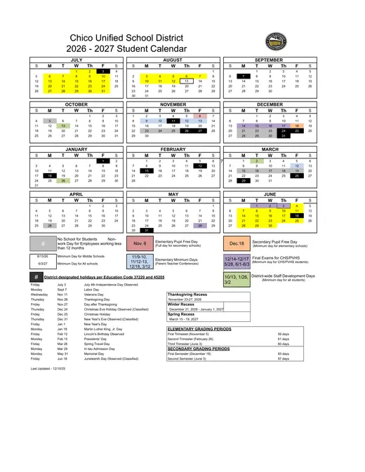 Chico Unified School District 2026–2027 Academic Calendar Page 2