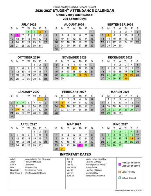 Chino Valley Unified School District 2026–2027 Academic Calendar Page 2